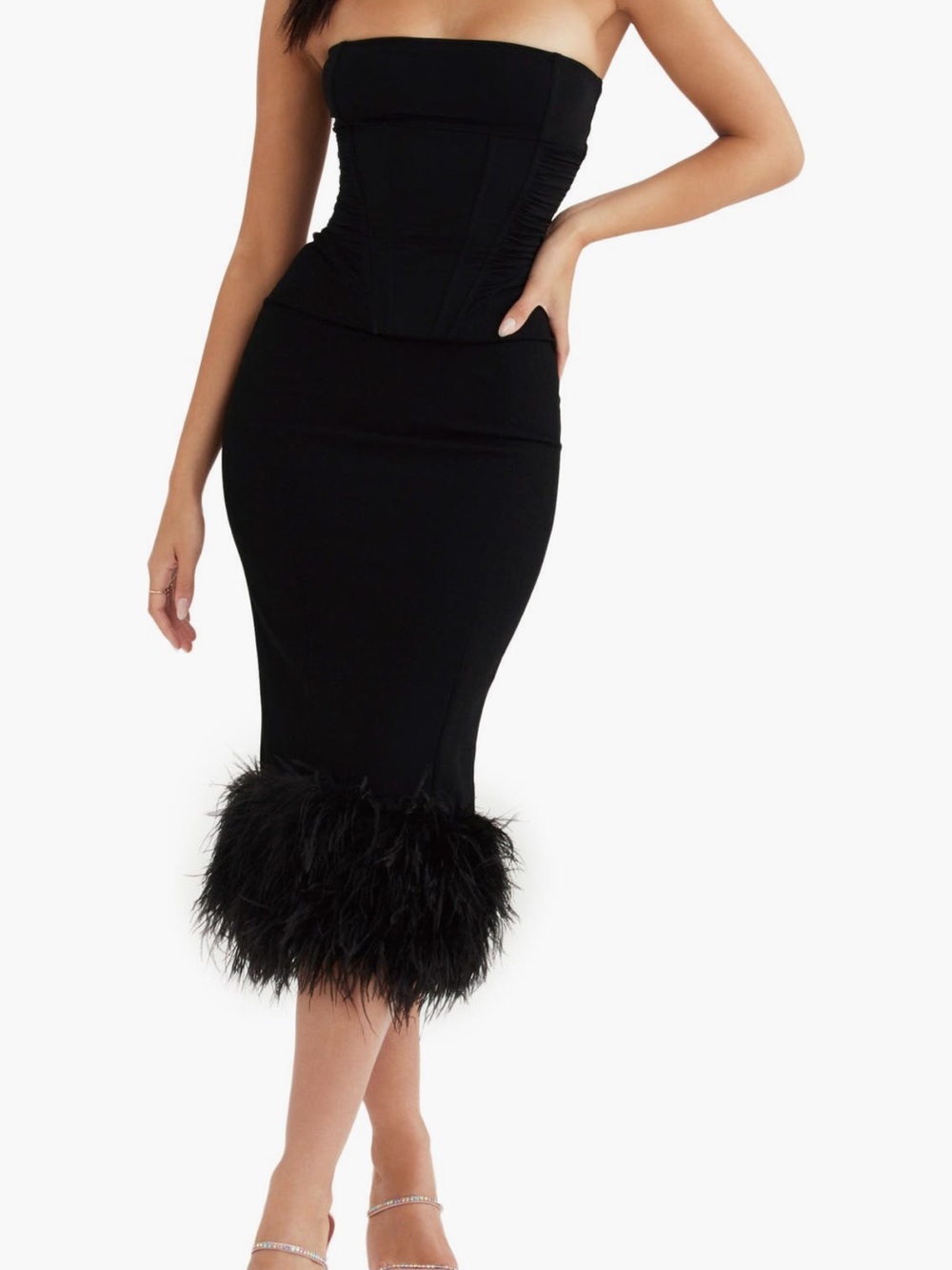 House of CB Fionula Strapless Black Dress feather hem M Sold out